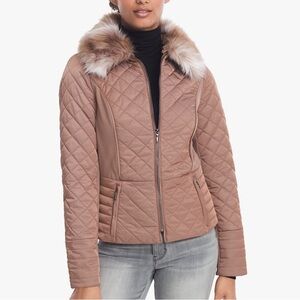 WHBM QUILTED PUFFER JACKET WITH REMOVABLE FAUX FUR
